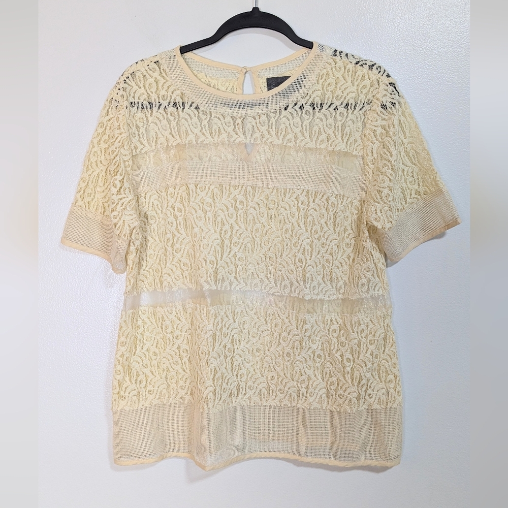 Sunday In Brooklyn Ivory Cream Sheer Lace Short Sleeve Top Medium